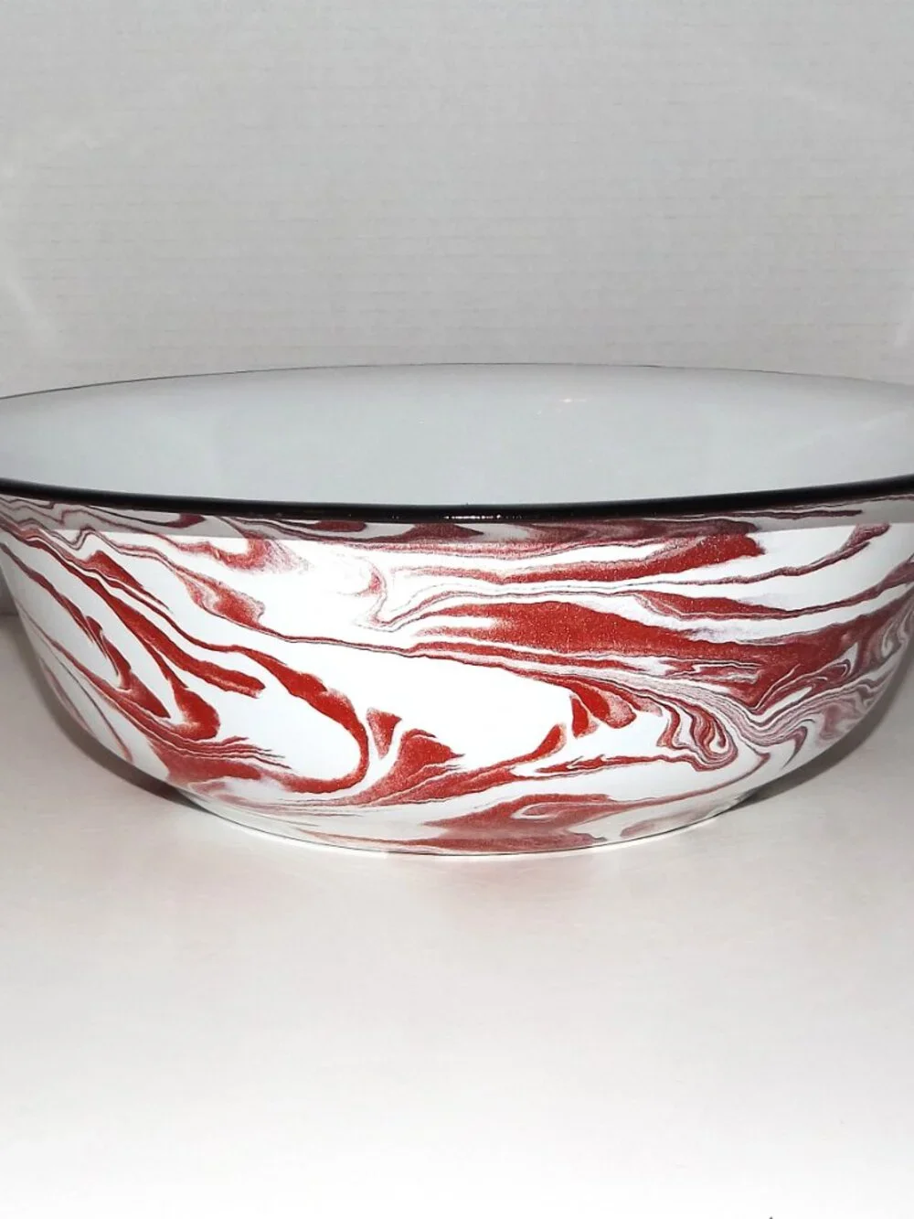 Vintage 12 ½” Red Swirl Enamelware Bowl Black Rim w/Rack Marks